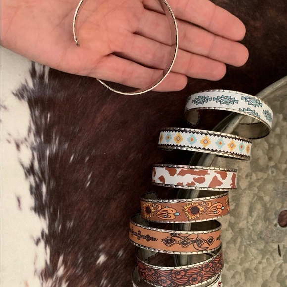 Western Cuff Bangle Bracelet , Cowhide , Sunflower , Aztec , Tooled Designs